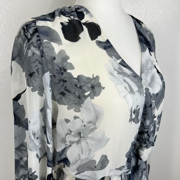 Vince Camuto Blouse Women Extra Small Cream Grey Floral Peplum Long Sleeve - Picture 10 of 14